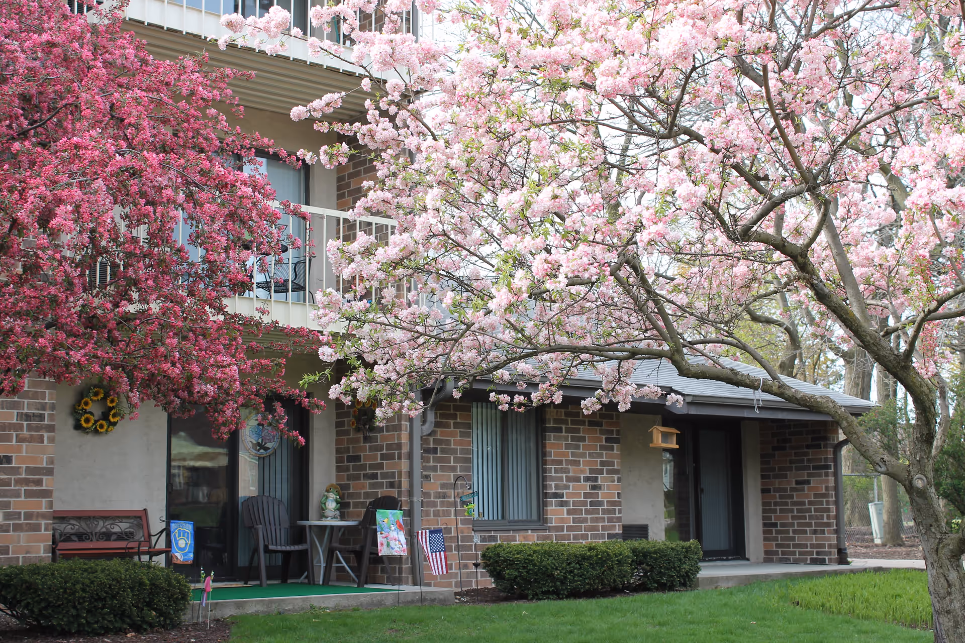 Exterior view of a brick building with balconies and patios, surrounded by blooming pink and white flowering trees and green bushes. There are chairs, a small table, and decorative items on the patios.