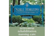 A blue outdoor sign reading 'Noble Horizons' surrounded by greenery with text below promoting retirement, rehabilitation and nursing care.