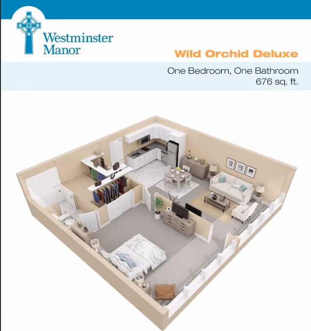 3D rendered floor plan of a one-bedroom, one-bathroom senior living apartment labeled "Wild Orchid Deluxe".