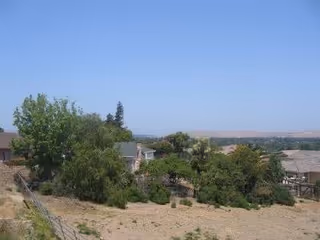 Hilly outdoor scene with trees, fencing, and distant houses under a clear blue sky.