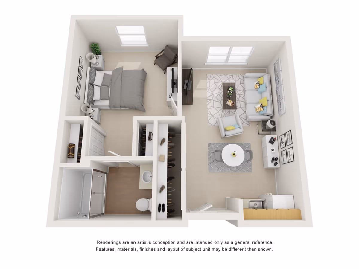 3D floor plan of a one-bedroom apartment showing a bedroom with a bed, nightstands, and a chair; a bathroom with a shower, toilet, and sink; a walk-in closet; and a living room with a sofa, armchair, coffee table, TV, dining table with chairs, and a small kitchen area with a sink and cabinets.