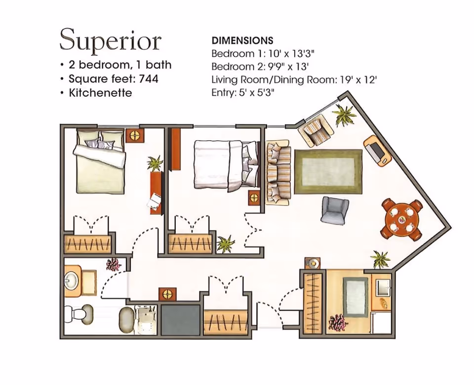 Floor plan labeled Superior showing a 2 bedroom, 1 bath apartment with a kitchenette. The layout includes two bedrooms, a bathroom, a living room/dining room area, and an entryway. Dimensions for each room are provided.