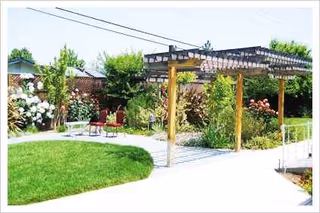 Outdoor courtyard at Bonhomie I with a wooden pergola, benches, and lush greenery.
