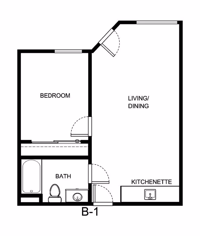Floor plan layout of a senior living unit labeled B-1, showing a bedroom, bath with bathtub, toilet, and sink, a living/dining area, and a kitchenette with a sink.