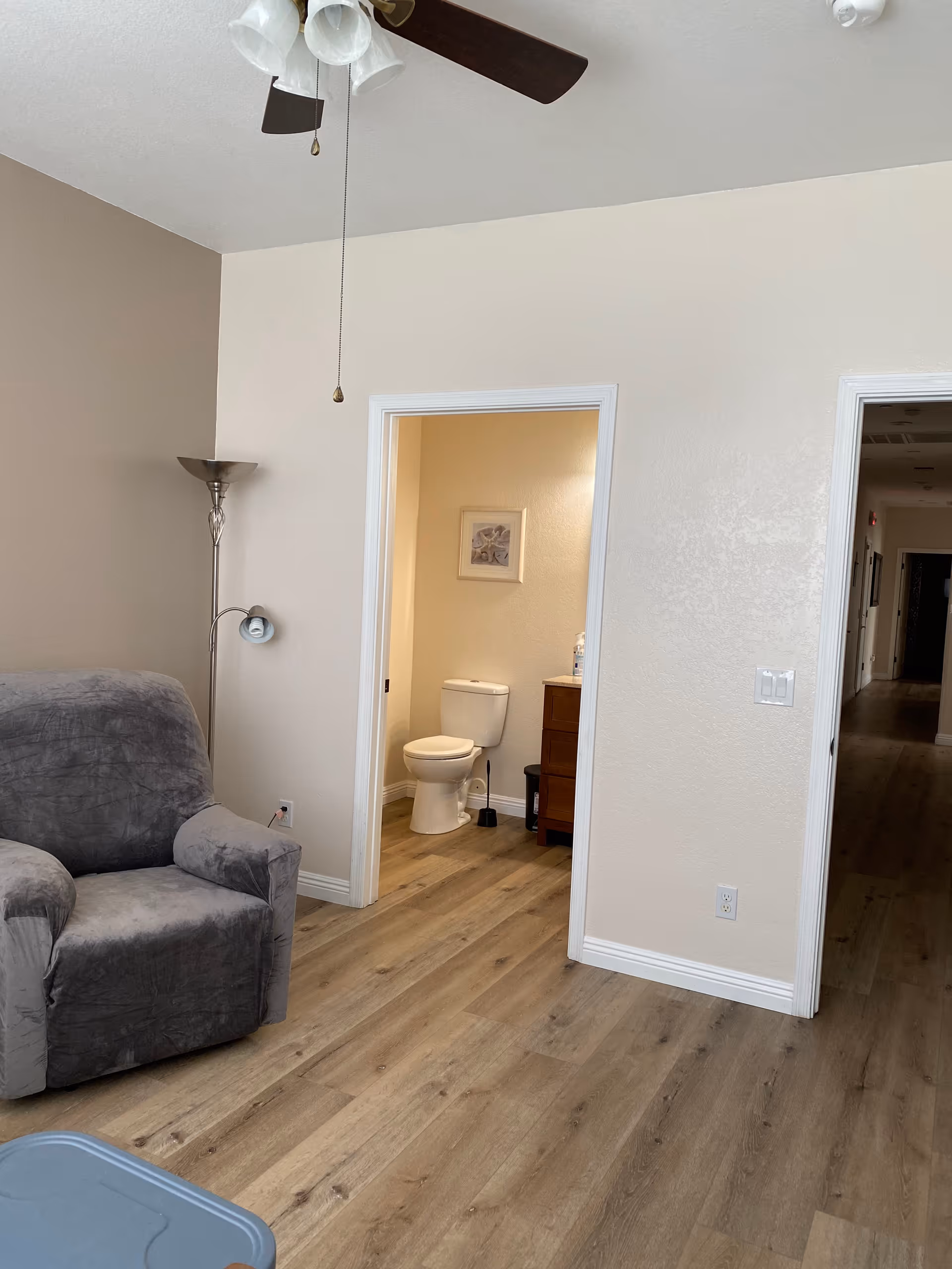 View of a room with a gray armchair and a tall floor lamp. The room has light-colored walls and wood flooring. There is an open doorway leading to a bathroom with a toilet, a wooden cabinet, and a framed picture on the wall. Another doorway leads to a hallway.