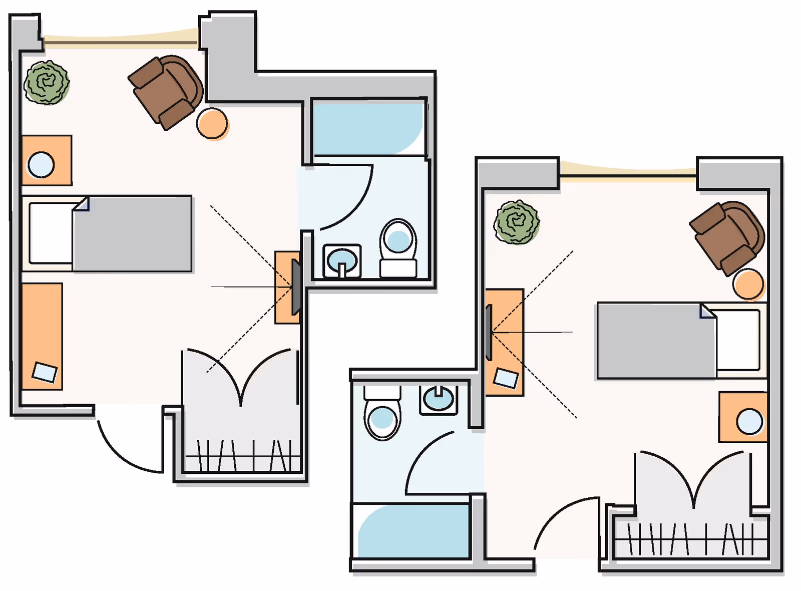 Floor plan showing two separate bedroom units, each with a bed, armchair, side tables, a desk with a chair, a closet, and a private bathroom with a toilet, sink, and shower.
