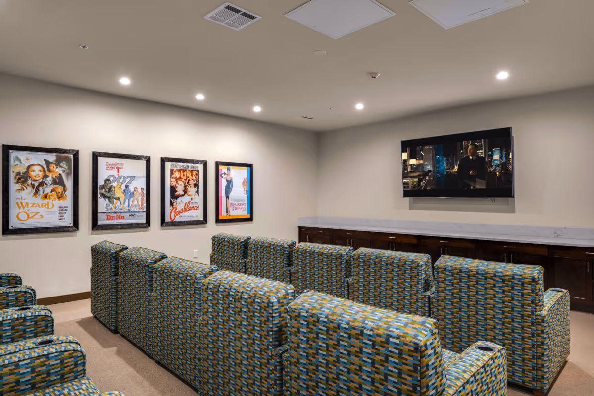A cozy media room with patterned upholstered chairs arranged in rows facing a wall-mounted flat-screen TV. The walls are decorated with framed classic movie posters including The Wizard of Oz, Dr. No, Casablanca, and Breakfast at Tiffany's. The room has recessed ceiling lights and a long cabinet with a marble countertop beneath the TV.