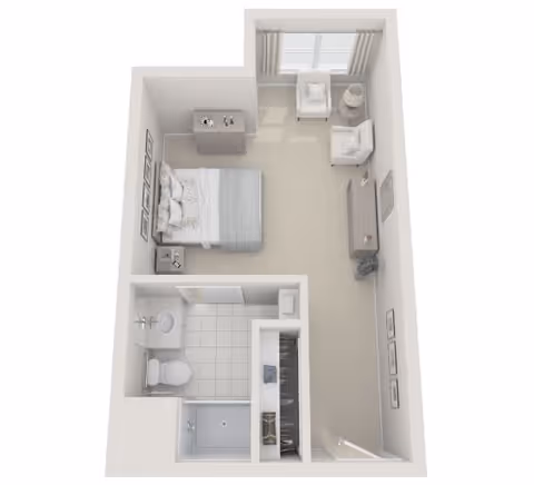 3D floor plan of a small studio apartment featuring a bedroom area with a double bed, two armchairs near a window, a dresser, a bathroom with a toilet, sink, and shower, and a closet space near the entrance.