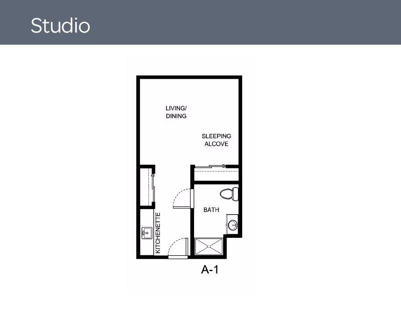 Black-and-white floor plan of a studio apartment labeled A-1 showing a kitchenette, living/dining area, sleeping alcove, and bath.