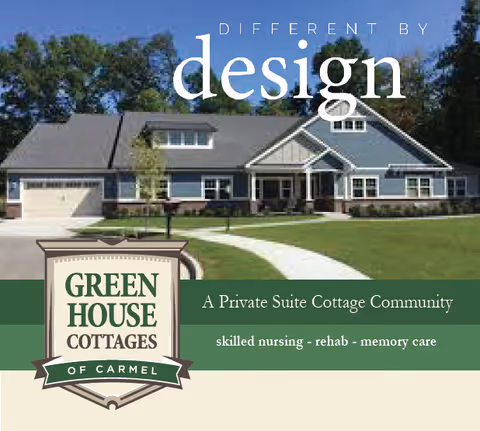 Exterior view of a single-story cottage-style building with a driveway and well-maintained lawn, surrounded by trees under a clear blue sky. The image includes a logo for Green House Cottages of Carmel and text describing it as a private suite cottage community offering skilled nursing, rehab, and memory care.