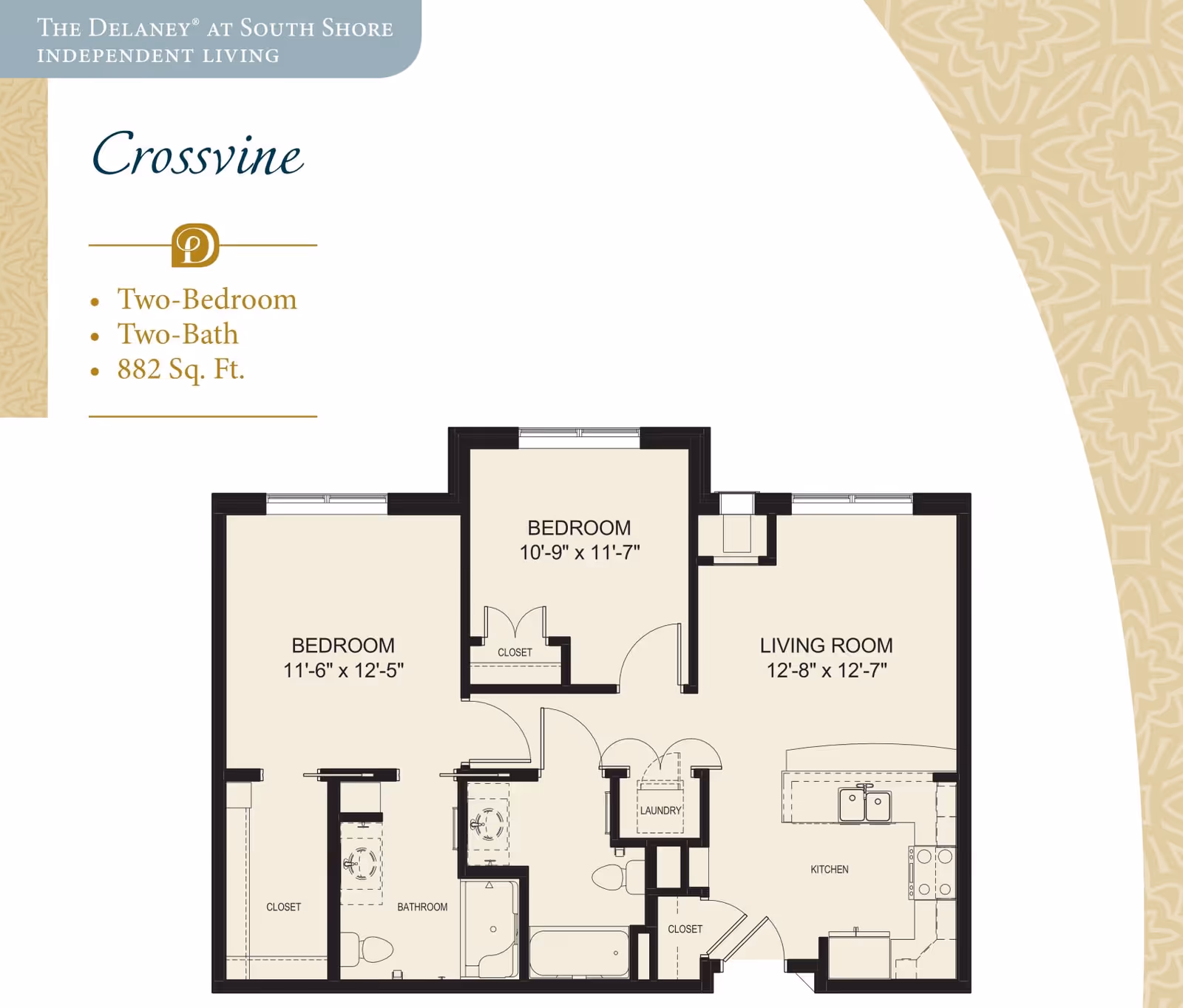 Floor plan of the Crossvine apartment at The Delaney at South Shore independent living, showing a two-bedroom, two-bath layout with 882 square feet. The plan includes two bedrooms with closets, two bathrooms, a living room, kitchen, laundry area, and additional closets.