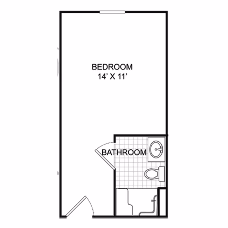 Floor plan showing a bedroom measuring 14 feet by 11 feet with an attached bathroom that includes a sink, toilet, and bathtub.