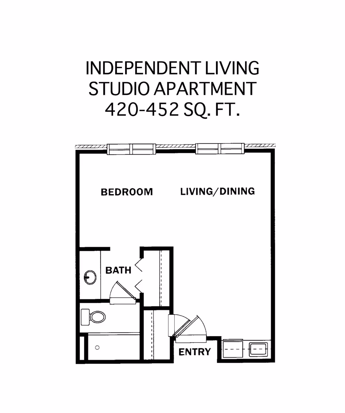 Floor plan of an independent living studio apartment with 420-452 square feet, showing a bedroom, living/dining area, bathroom, and entry area.