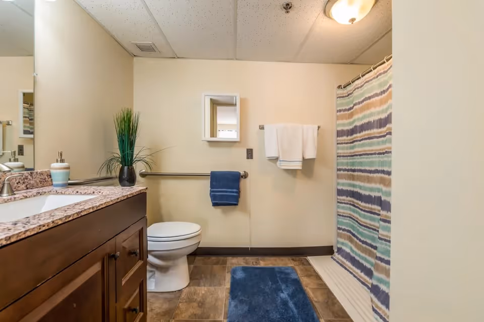 A clean bathroom with a wooden vanity topped with a granite countertop and a sink. There is a toilet next to the vanity, a blue bath mat on the tiled floor, and a shower with a striped curtain in shades of blue, green, and beige. Two towel racks hold white and blue towels, and a small wall-mounted mirror is above the toilet. A potted plant is on the vanity, and the ceiling has recessed lighting and a vent.