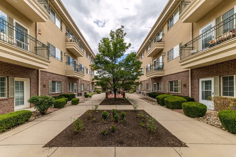 Outdoor courtyard area between two three-story residential buildings with balconies and windows. The courtyard features a central garden bed with small plants and a tree in the middle, surrounded by paved walkways and neatly trimmed bushes along the building walls.