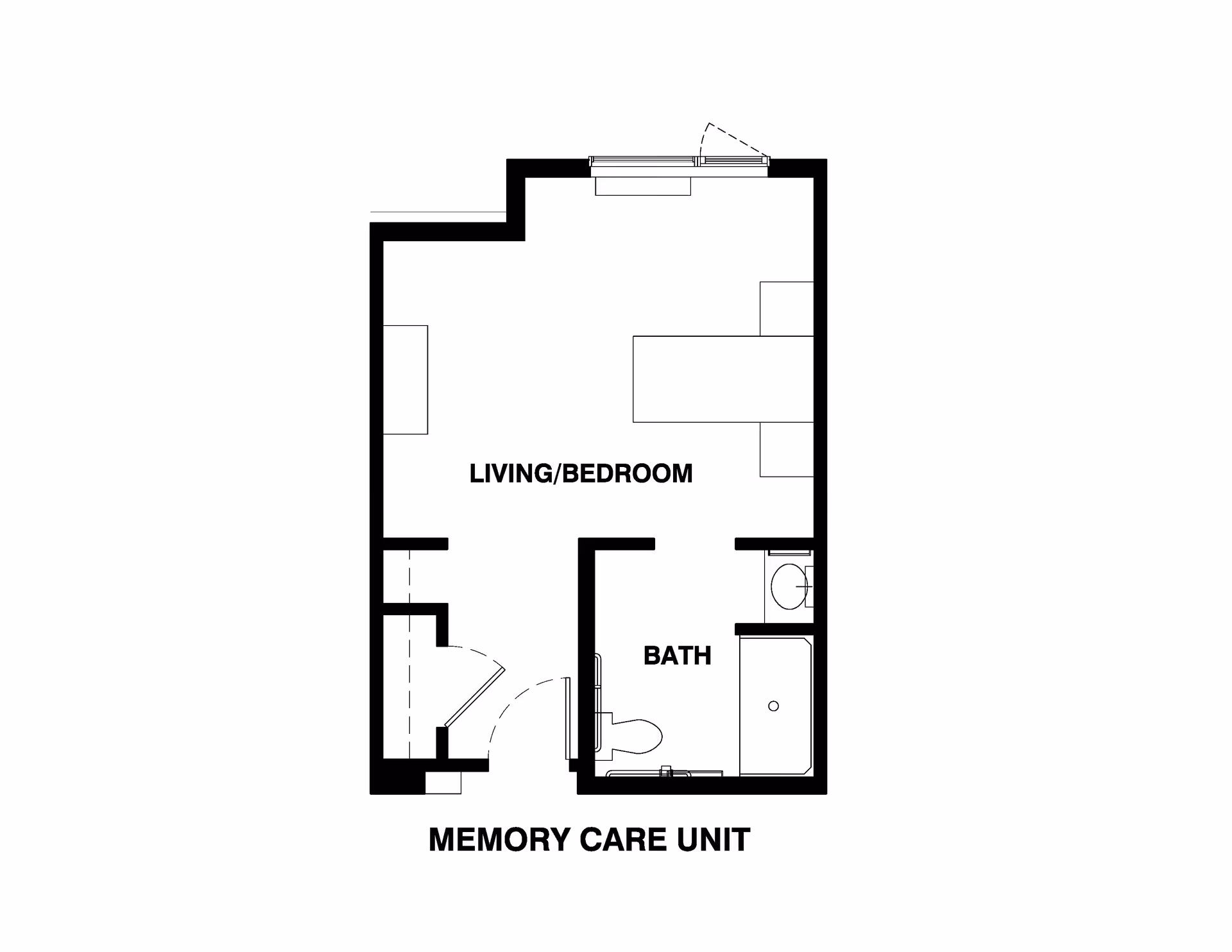 Architectural floor plan of a memory care unit showing a combined living and bedroom area, a bathroom with a toilet and bathtub, and an entry area.