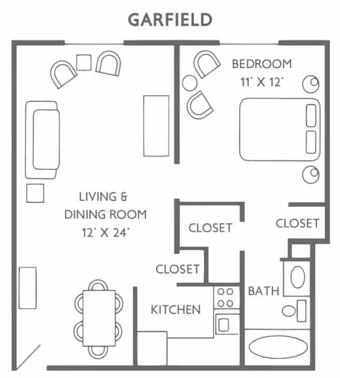 Floor plan labeled Garfield showing a one-bedroom apartment layout with a living and dining room area measuring 12 by 24 feet, a bedroom measuring 11 by 12 feet, a kitchen, a bathroom, and multiple closets.