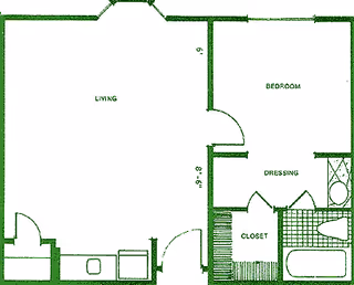 Architectural floor plan of a living space showing a living room, bedroom, dressing area, closet, and bathroom with a bathtub and toilet.