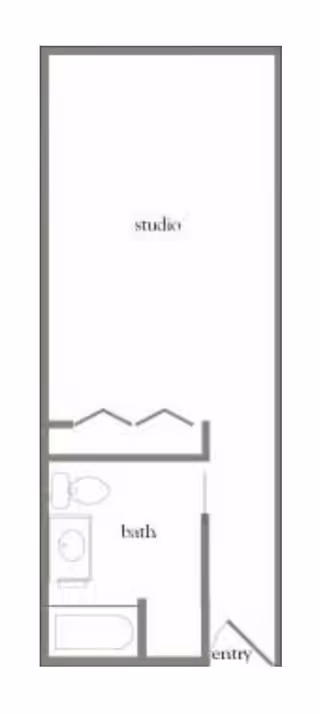 Floor plan of a studio apartment showing an entry area, a combined studio living space, and a separate bathroom with a bathtub, toilet, and sink.