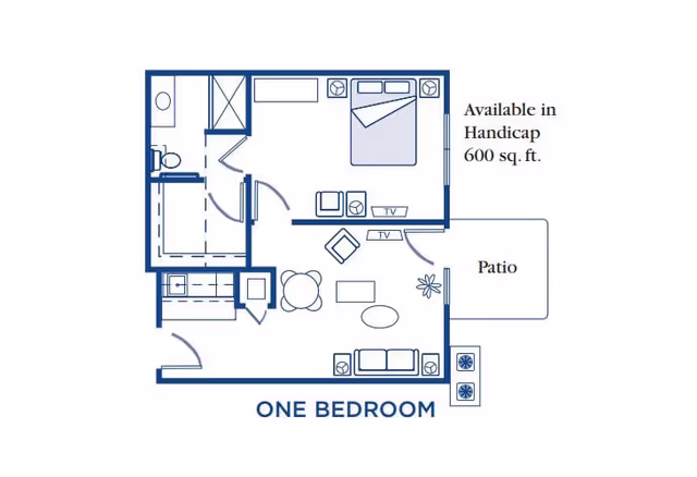 Floor plan of a one-bedroom apartment showing a bedroom with a bed and nightstands, a living room with seating and TV, a kitchen area, a bathroom with shower and toilet, and a patio. The layout is labeled as available in handicap accessible 600 sq. ft.