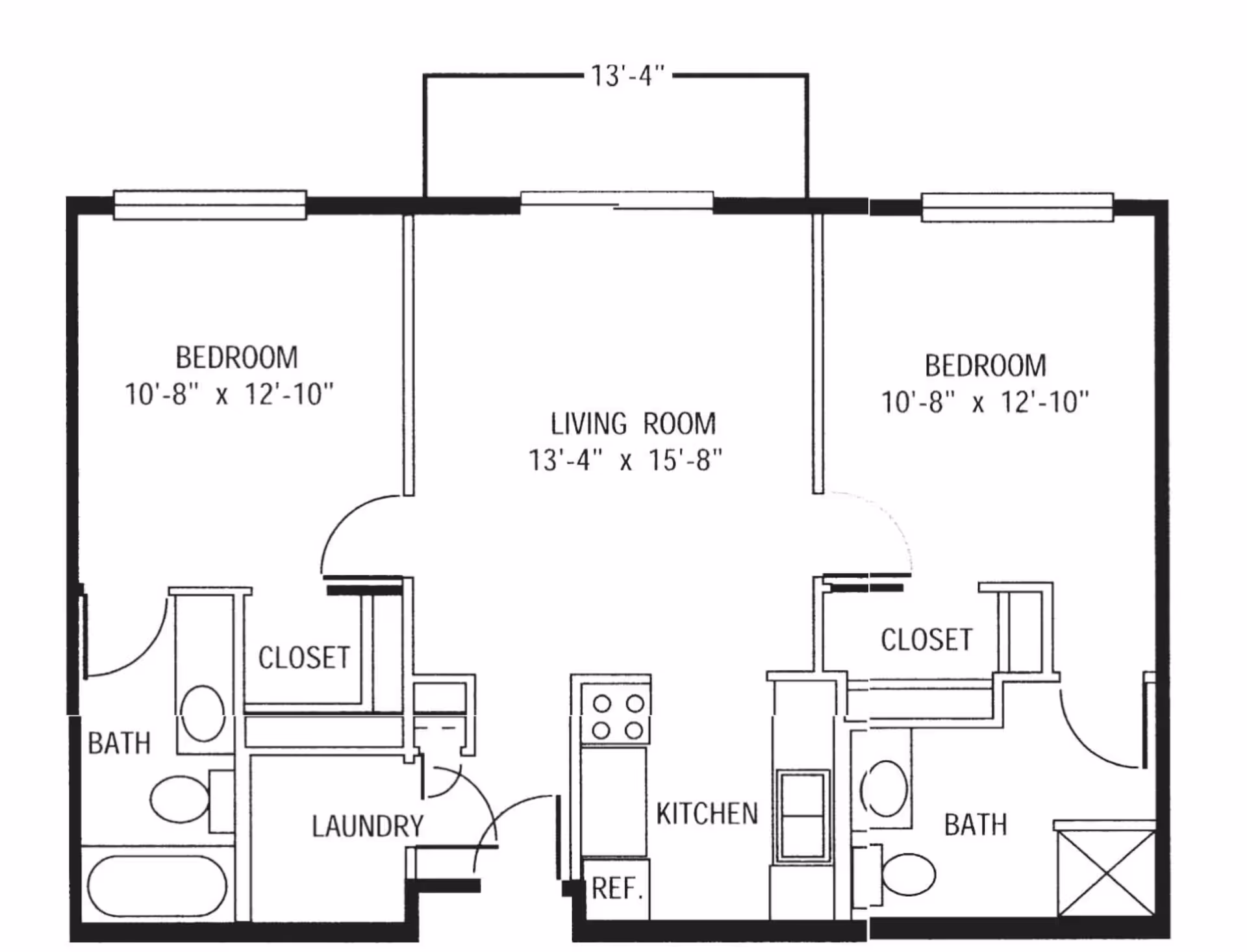 Floor plan of an apartment at Avamere Court at Keizer showing two bedrooms, each with a closet and a bathroom. The layout includes a living room, kitchen with refrigerator and stove, and a laundry area.