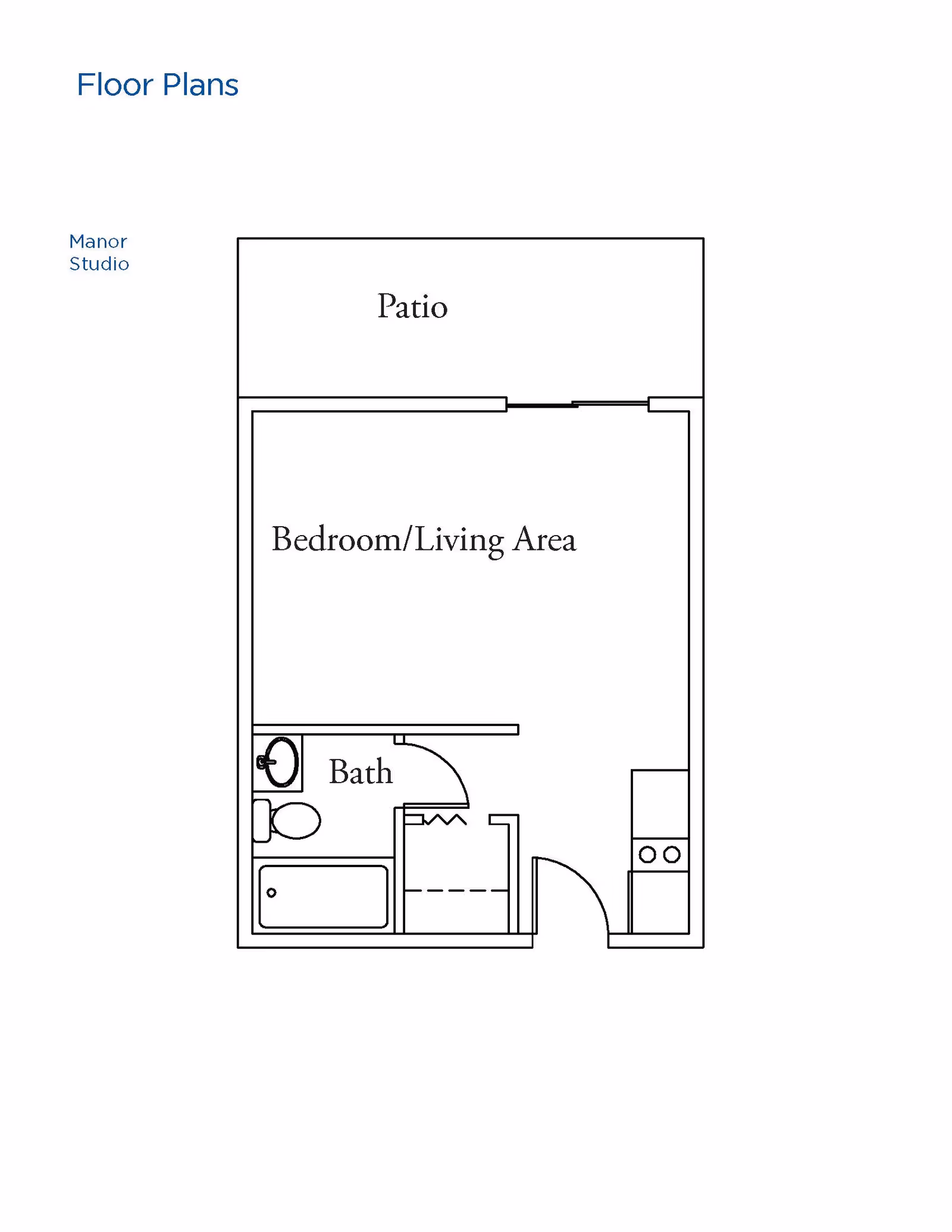 Floor plan of a Manor Studio apartment showing a combined Bedroom/Living Area, a Bath with a sink, toilet, and bathtub, a small kitchen area, and a Patio.