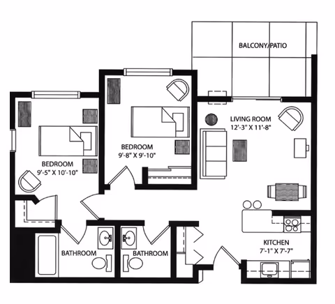 Architectural floor plan of a senior living apartment at Charter Senior Living of Madison showing two bedrooms, two bathrooms, a living room, kitchen, and a balcony/patio area.