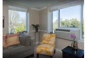 A cozy corner of a living room with a gray armchair and a yellow patterned chair next to a window air conditioning unit. The room has large windows showing green trees outside, a small black side table with a purple orchid plant, and a potted plant on a stand near the window.