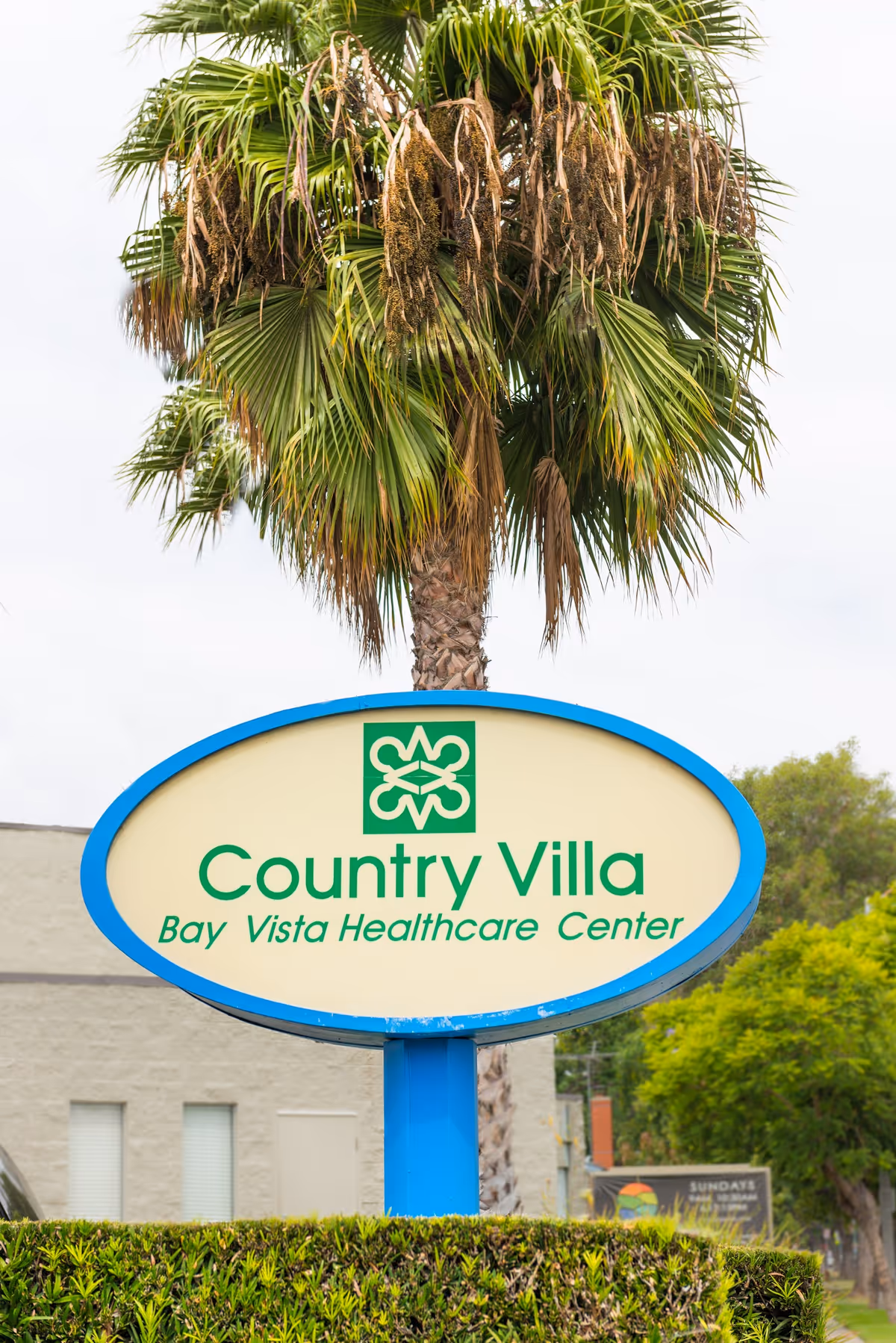 A large oval sign with a blue border and a green logo at the top, reading 'Country Villa Bay Vista Healthcare Center,' positioned in front of a palm tree and some greenery with a building in the background.