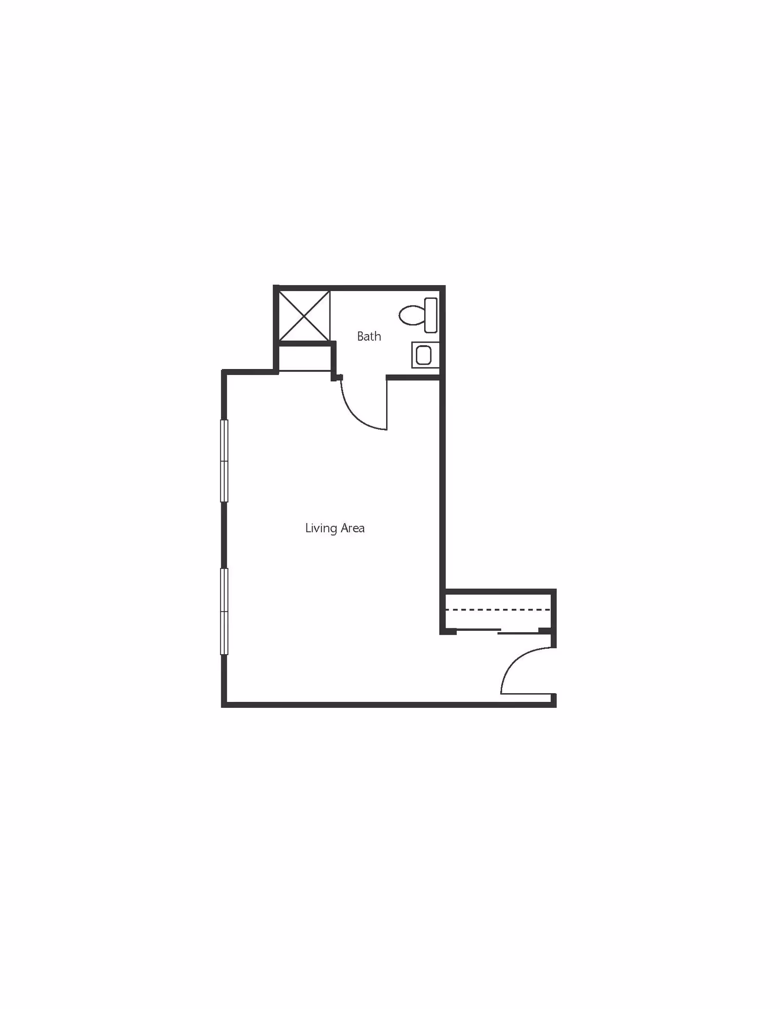 Architectural floor plan showing a living area and a bathroom with a shower, toilet, and sink.