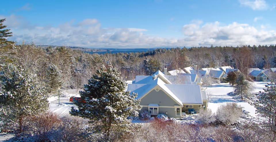 A snowy landscape showing several houses with snow-covered roofs surrounded by snow-dusted trees under a partly cloudy blue sky.
