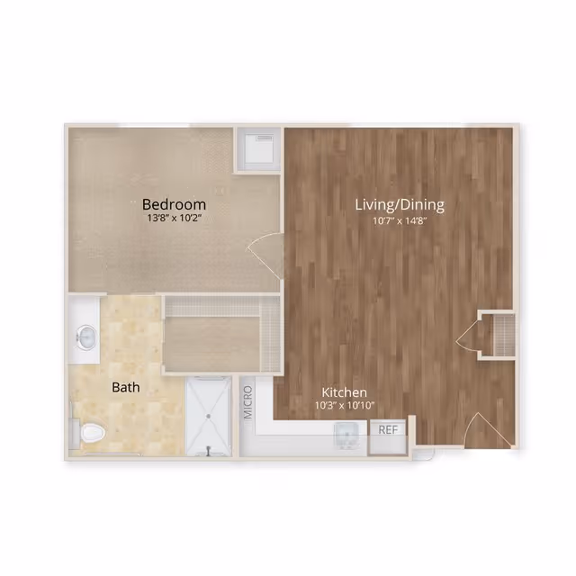 Floor plan of a one-bedroom apartment at The Grandview of Chisholm Trail showing a bedroom, bathroom, kitchen, and combined living/dining area with dimensions.