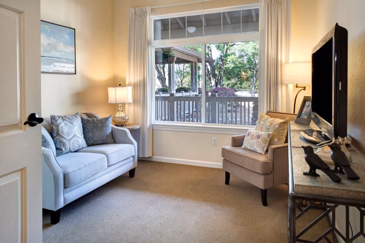 A cozy living room with a light blue loveseat adorned with patterned pillows, a beige armchair with decorative pillows, a side table with a lamp, and a TV on a console table. A large window with white curtains offers a view of trees and a porch outside.
