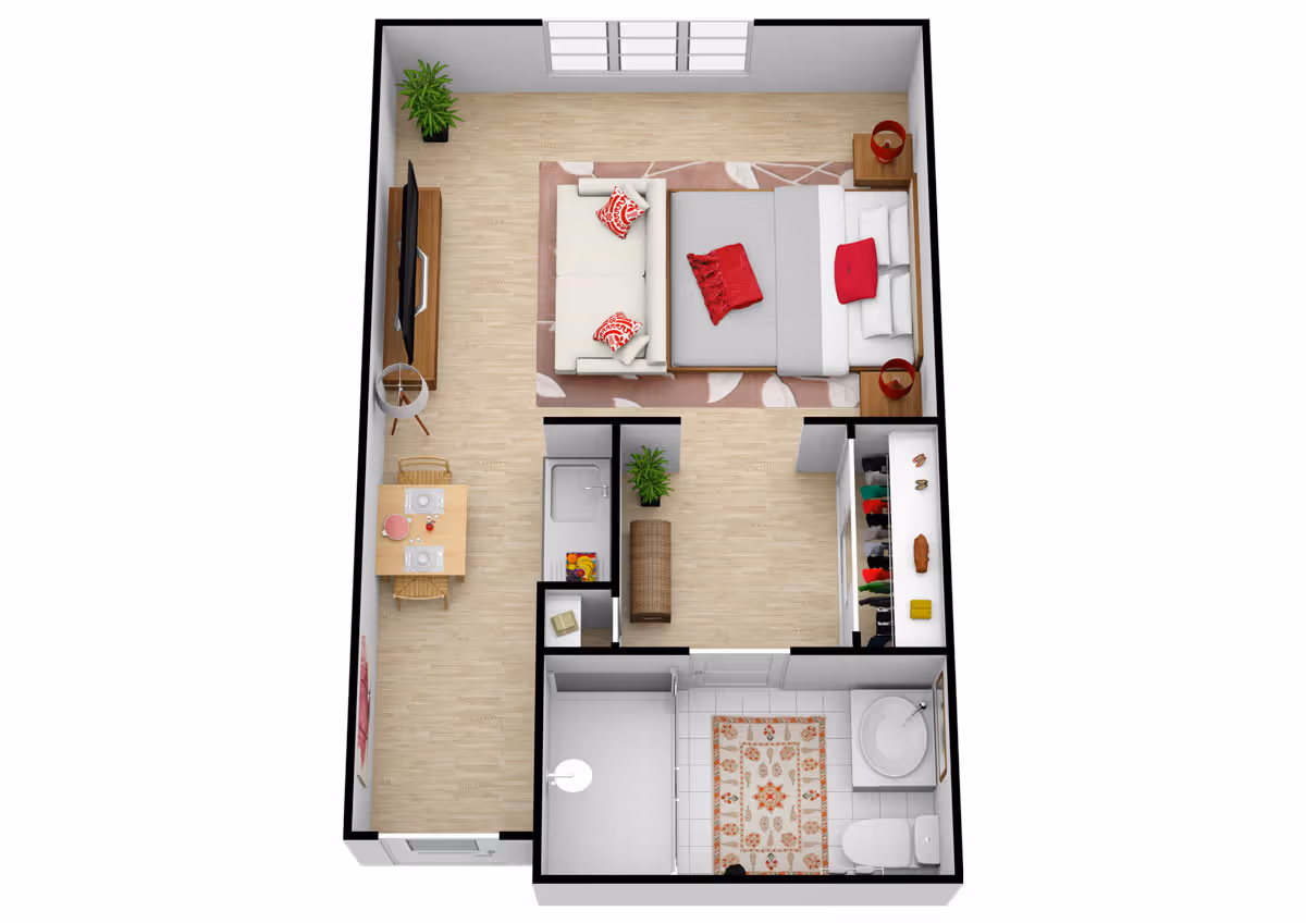 Top-down view of a small apartment floor plan featuring a bedroom with a bed, sofa, and two nightstands, a living area with a TV and dining table set for two, a small kitchen area with a sink, a closet with hanging clothes, and a bathroom with a shower, toilet, and sink.