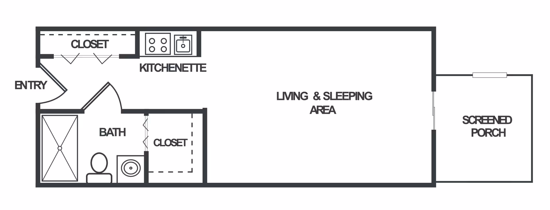 Black-and-white floor plan of a studio unit showing an entry, kitchenette, bathroom with closets, a combined living & sleeping area, and a screened porch.