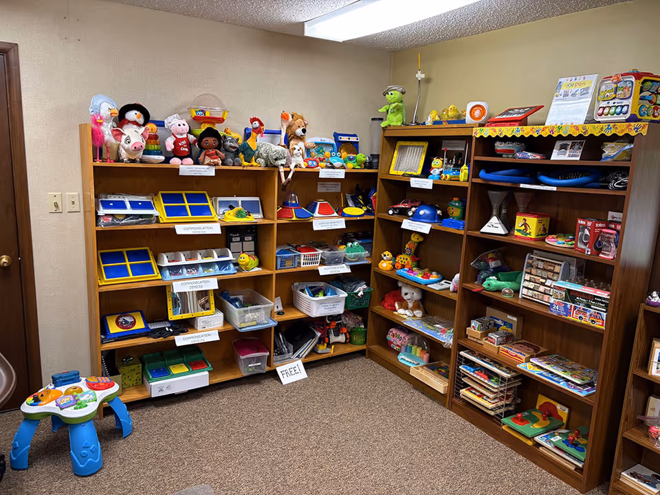 Indoor playroom with wooden shelves full of toys, stuffed animals, and activity items.