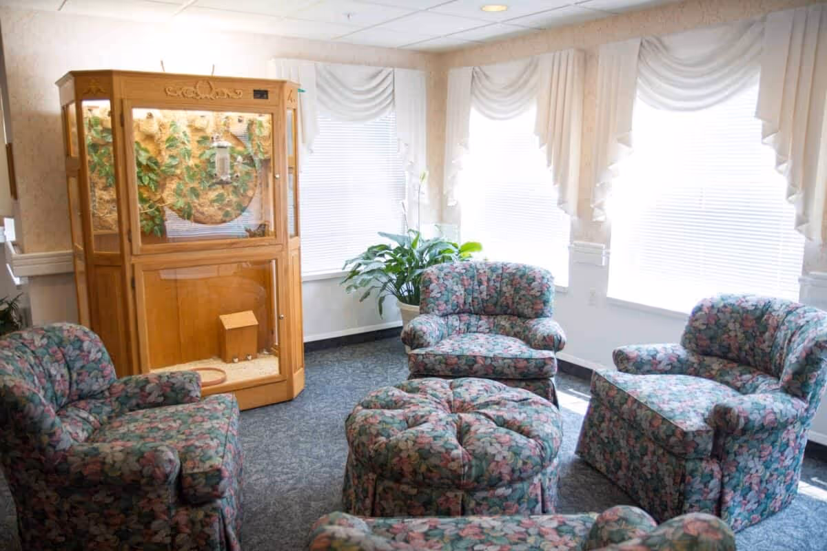 A cozy sitting area with four floral-patterned armchairs arranged around a matching round ottoman. The room has large windows with white blinds and decorative white valances, allowing natural light to fill the space. A large wooden cabinet with glass panels and a decorative backdrop is positioned in the corner, and a green potted plant sits near the windows.