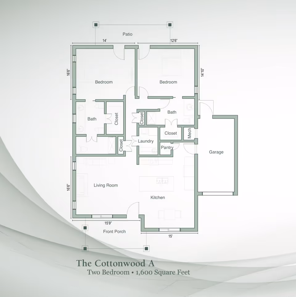 Architectural floor plan of The Cottonwood A, a two-bedroom, 1,600 square feet unit at Legacy Village of Stillwater, showing layout with two bedrooms, two bathrooms, living room, kitchen, laundry, pantry, closets, mechanical room, garage, front porch, and patio.