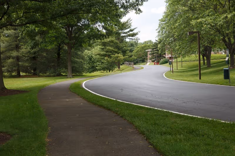 A paved road curves gently to the right through a green, tree-lined area with a sidewalk running parallel to it on the left side. The scene is peaceful with well-maintained grass and trees providing shade, and a building is visible in the distance.