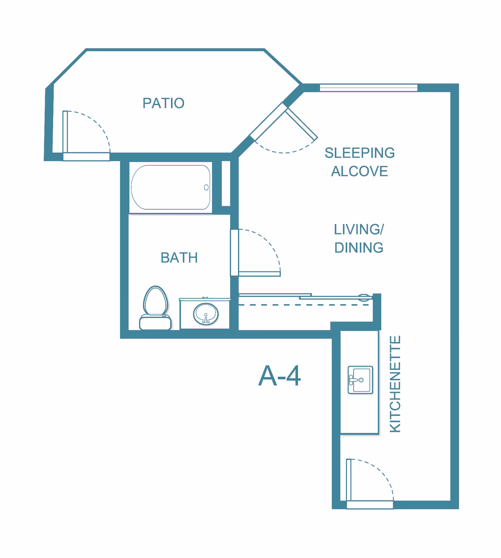 Floor plan layout of an apartment unit labeled A-4 at Asher Point Independent Living of Tyler, showing a patio, bath with toilet and sink, sleeping alcove, living/dining area, and kitchenette.