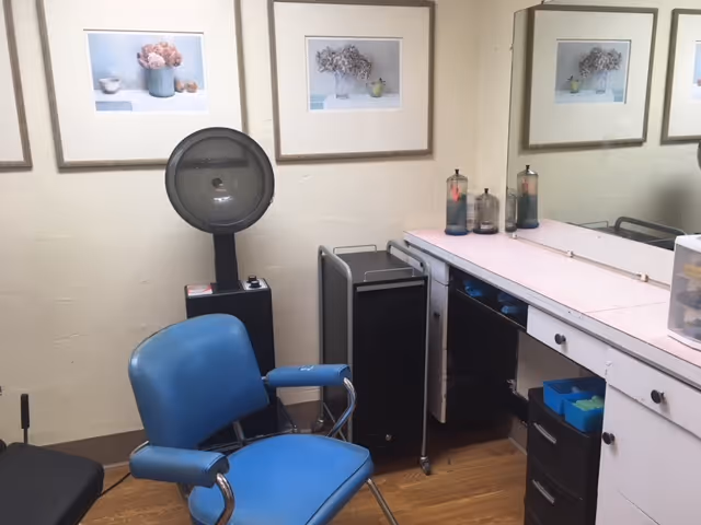 Interior view of a small salon or grooming area with a blue salon chair, a hair dryer on a stand, a counter with drawers, and a large mirror. The wall has three framed pictures of flowers in vases.