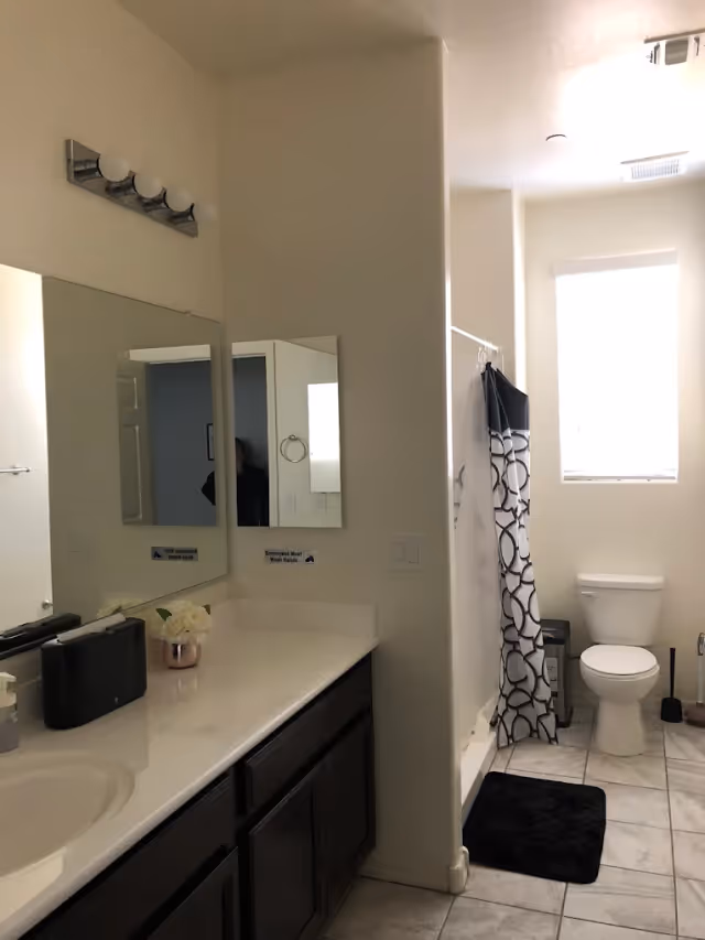 Bright bathroom with a vanity and large mirror, a shower with patterned curtain, and a toilet by a window.