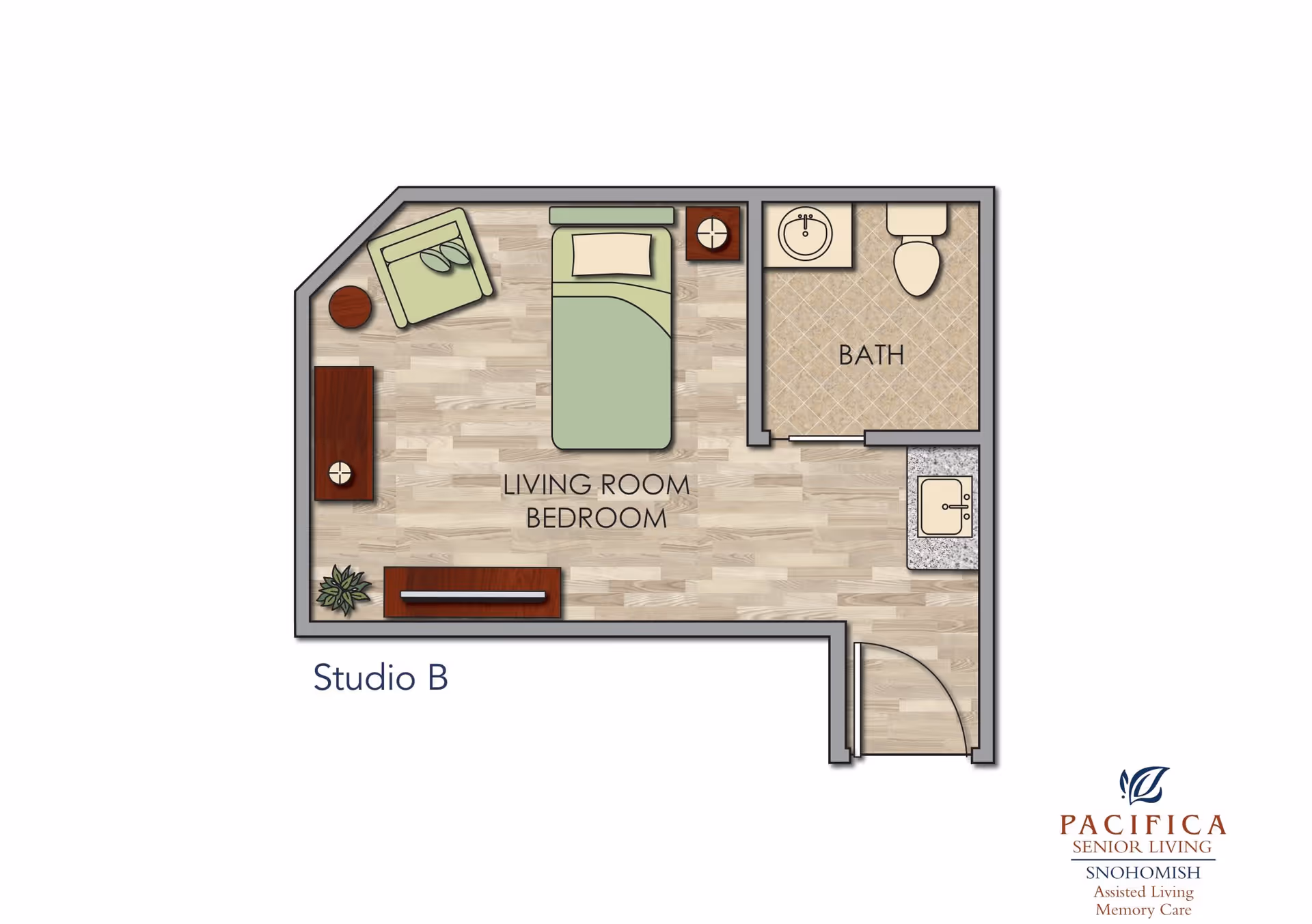 Floor plan of Studio B at The Cottages of Snohomish showing a combined living room and bedroom area with a bed, armchair, side tables, and a dresser. There is a separate bathroom with a sink and toilet, and a small kitchenette area near the entrance.