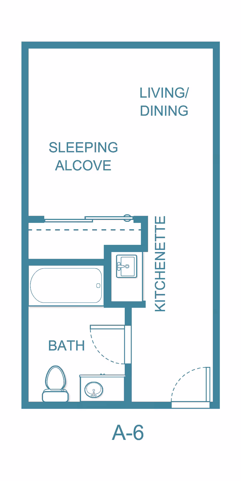 Floor plan layout of a studio apartment labeled A-6 showing a sleeping alcove, living/dining area, kitchenette, and a bathroom with a bathtub, toilet, and sink.