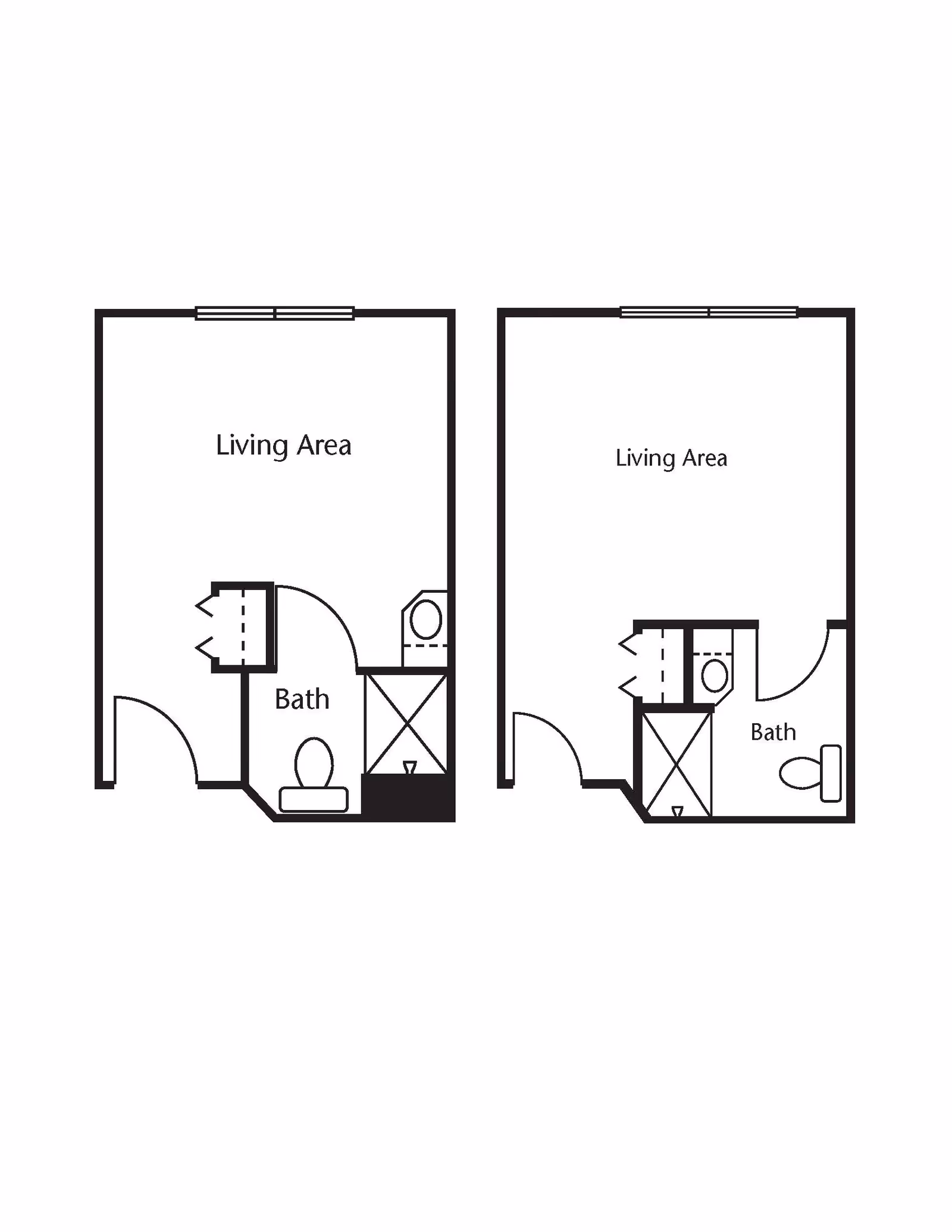Two architectural floor plans showing layouts with a living area and a bathroom each. Both plans include a toilet, sink, and shower area, with doors leading into the living areas.
