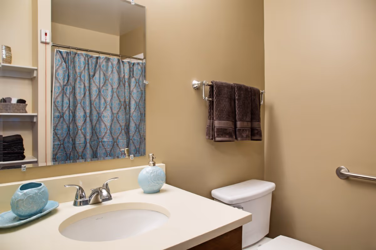 Small bathroom with a sink and mirror, toilet, towel rack, and a patterned shower curtain.