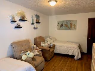 A cozy room with two beige armchairs and two single beds with white bedding. The walls are decorated with small black shelves holding plants and a framed picture of birds. The floor is wooden, and there is a ceiling light fixture.