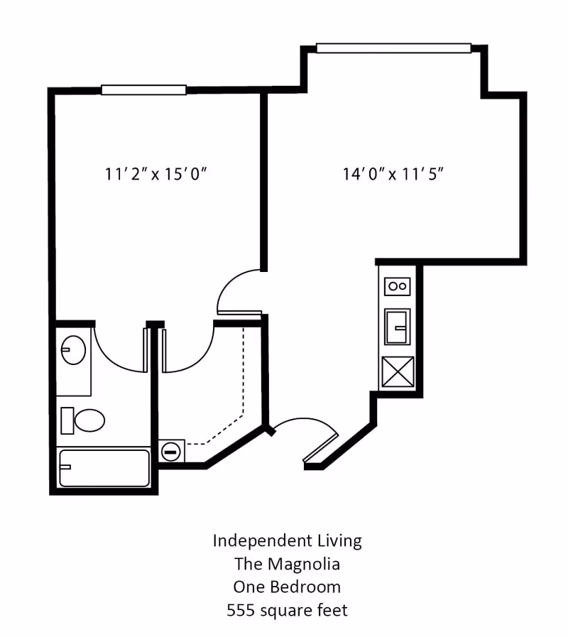 Floor plan of an independent living one-bedroom apartment named The Magnolia, showing a bedroom measuring 11 feet 2 inches by 15 feet, a living area measuring 14 feet by 11 feet 5 inches, a bathroom with a bathtub, toilet, and sink, and a kitchen area. The total area is 555 square feet.