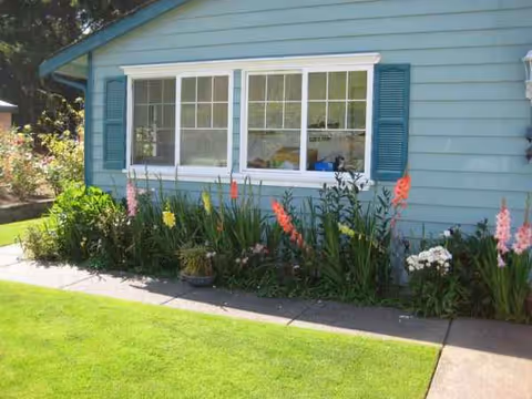 Blue single-story house exterior with white-framed windows and colorful garden along the walkway.