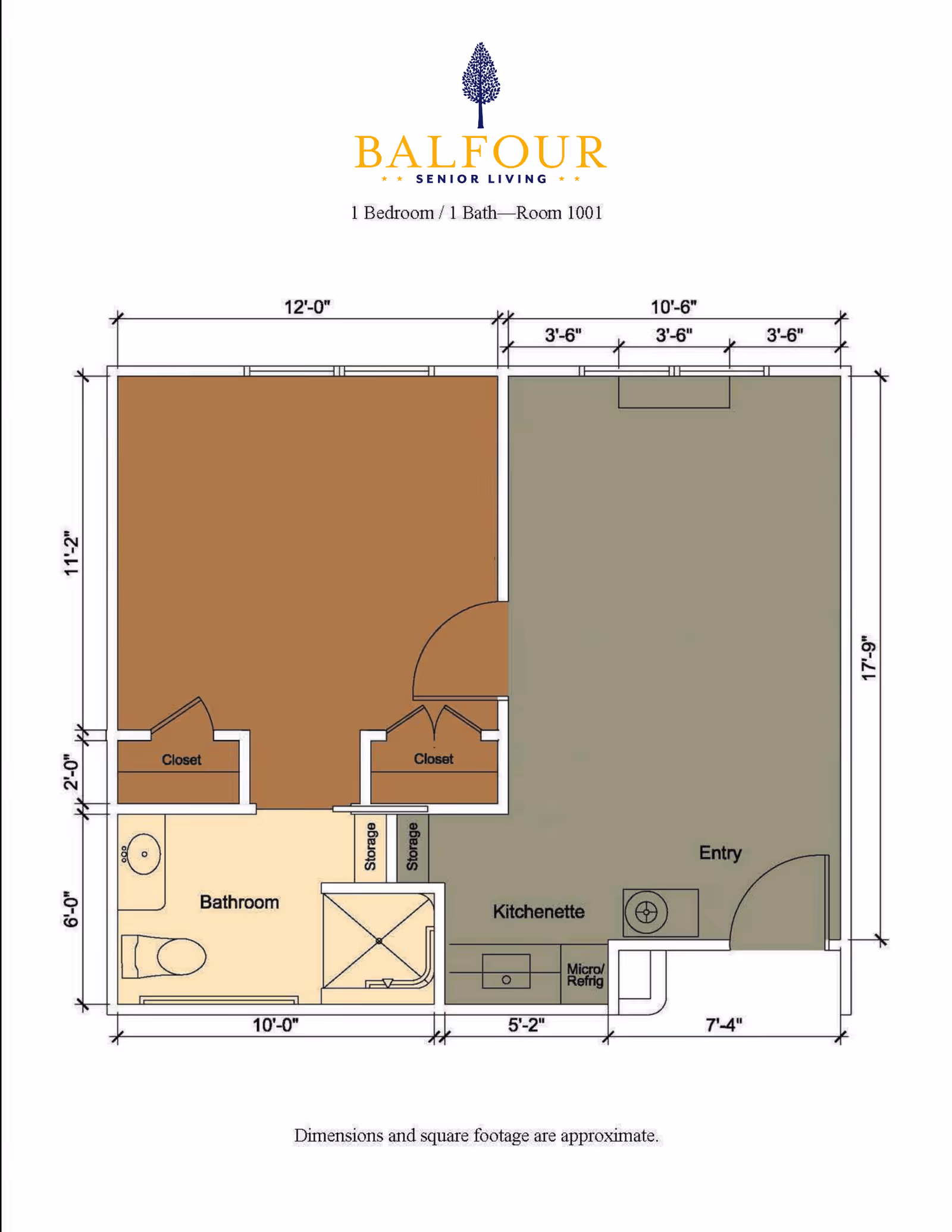 Floor plan of a 1 bedroom, 1 bathroom senior living unit at Balfour Louisville Campus, showing a bedroom with two closets, a bathroom with a toilet, sink, and shower, a kitchenette with microwave and refrigerator, storage spaces, and an entry area with dimensions labeled.
